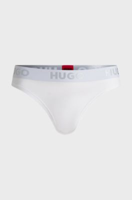 Stretch-cotton thong with logo waistband, White