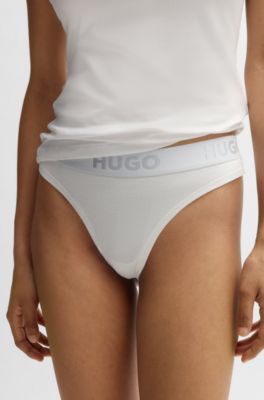 Stretch-cotton thong with logo waistband, White
