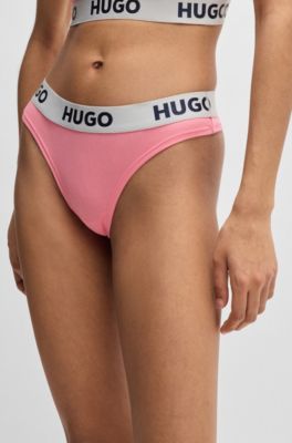 Stretch-cotton thong with logo waistband, light pink