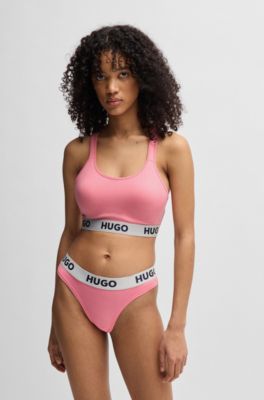 Stretch-cotton thong with logo waistband, light pink