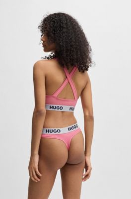 Stretch-cotton thong with logo waistband, light pink