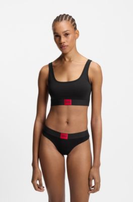Stretch-cotton bralette with red logo label, Black