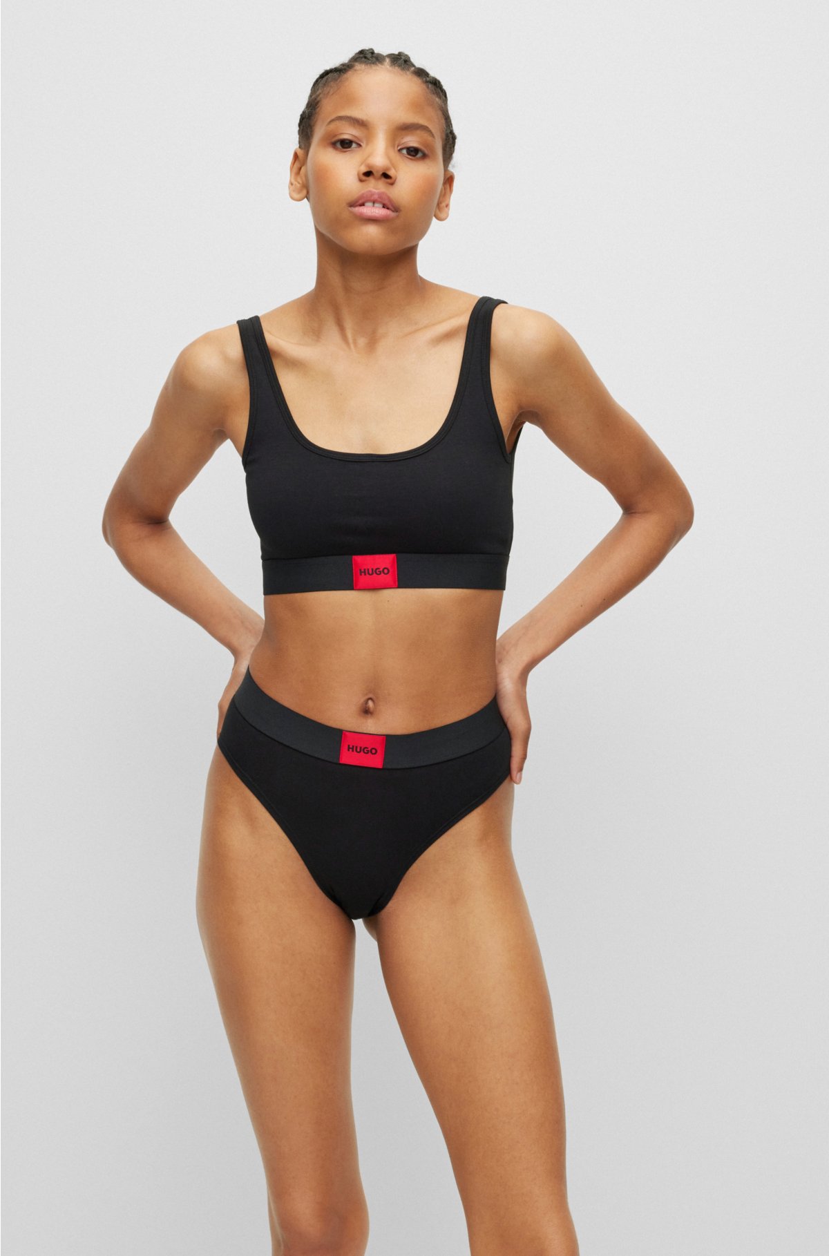 HUGO - Stretch-cotton bralette with red logo label