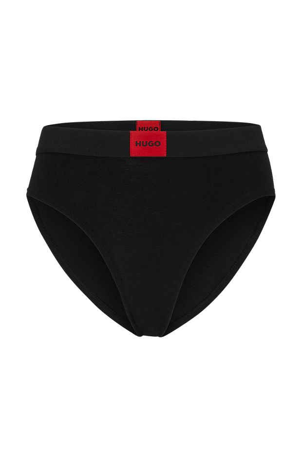 Slip taille haute en coton stretch avec étiquette logo rouge, Noir
