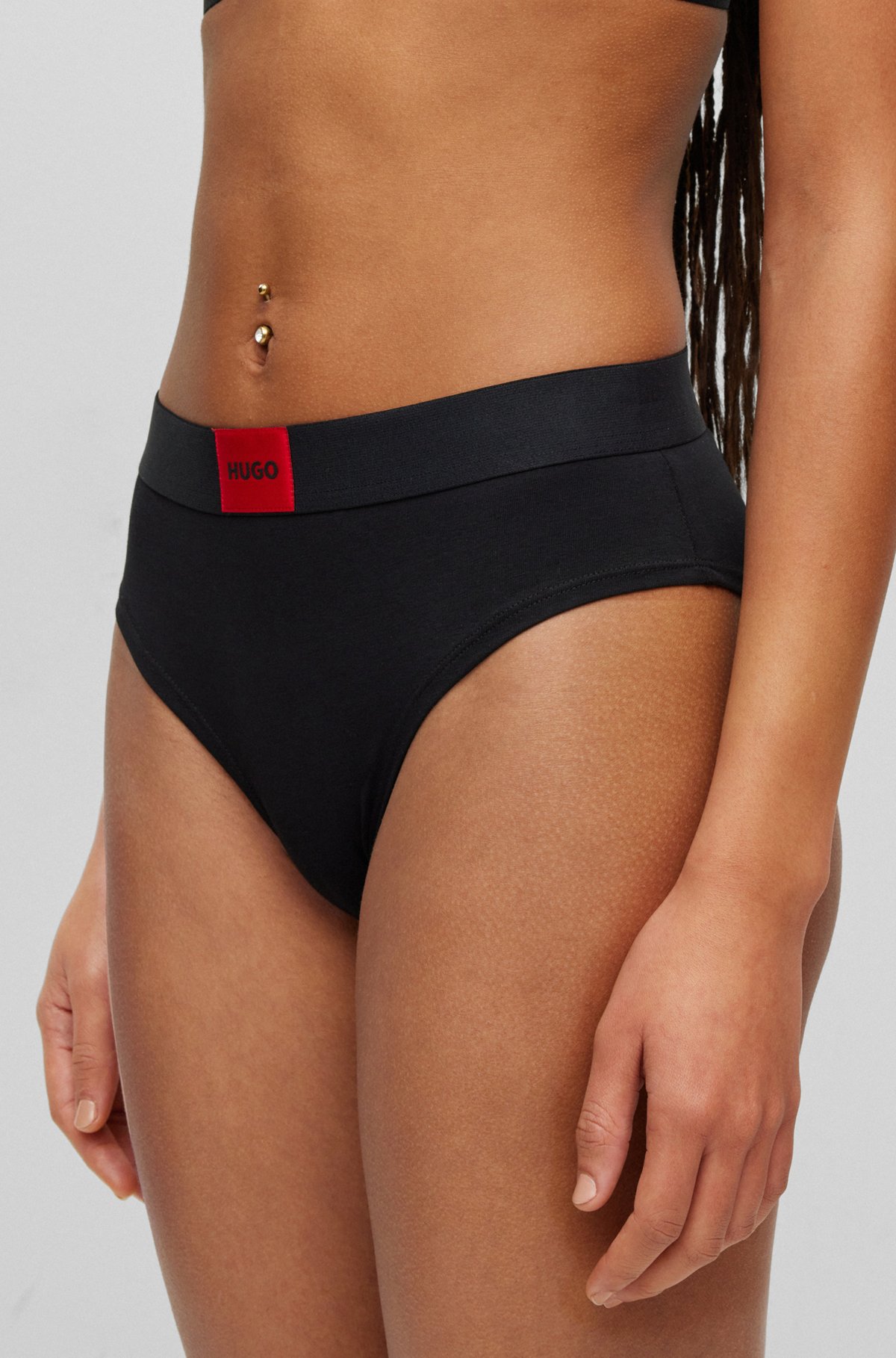 High-waisted stretch-cotton briefs with red logo label, Black