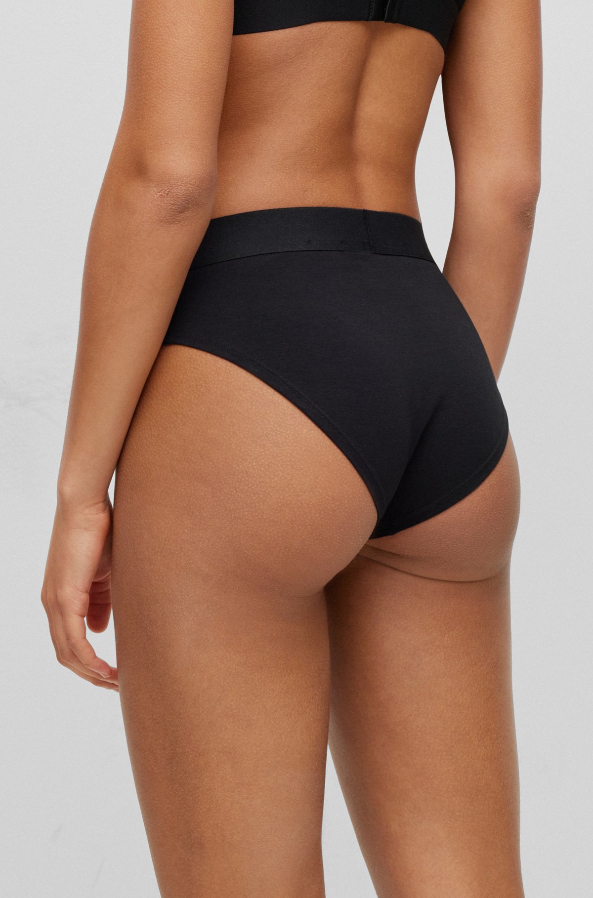 High-waisted stretch-cotton briefs with red logo label, Black