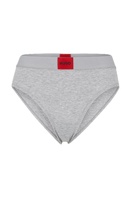 High-waisted stretch-cotton briefs with red logo label, Grey