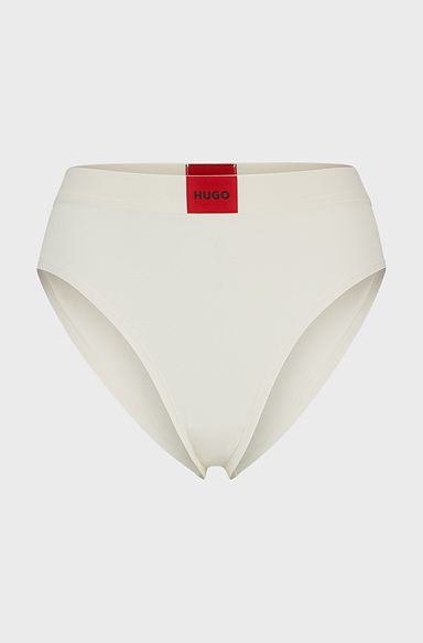 High-waisted stretch-cotton briefs with red logo label, White