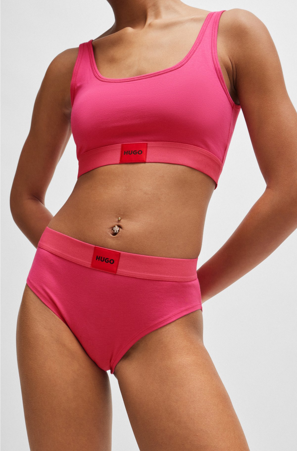 High-waisted stretch-cotton briefs with red logo label, Pink