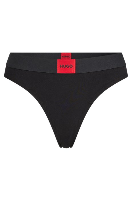 Stretch-cotton thong with red logo label, Black