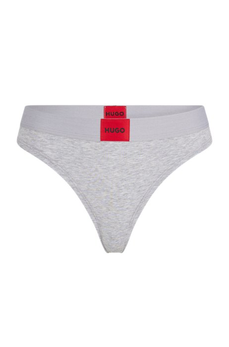 Stretch-cotton thong with red logo label, Grey