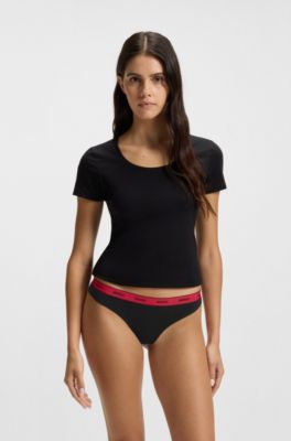 Three-pack of stretch-cotton thongs with logo waistbands, Black