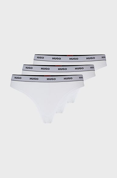 Three-pack of stretch-cotton thong briefs with logos, White
