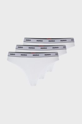 Three-pack of stretch-cotton thongs with logo waistbands, White