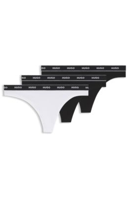 Pakke med tre par g-strenge i bomuld med str&aelig;k og logolinning, Hvid / Sort