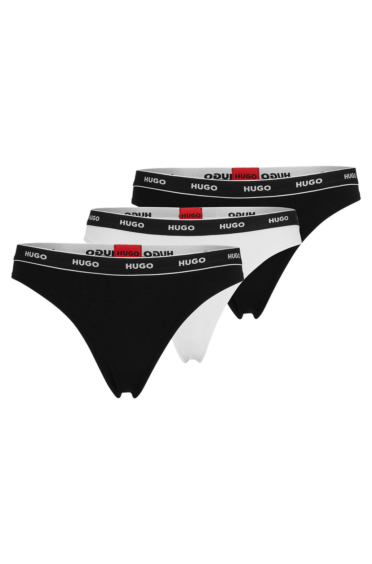 Three-pack of stretch-cotton thong briefs with logos, White / Black