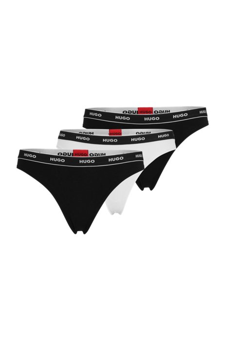 Three-pack of logo-waistband thongs in stretch cotton, White / Black