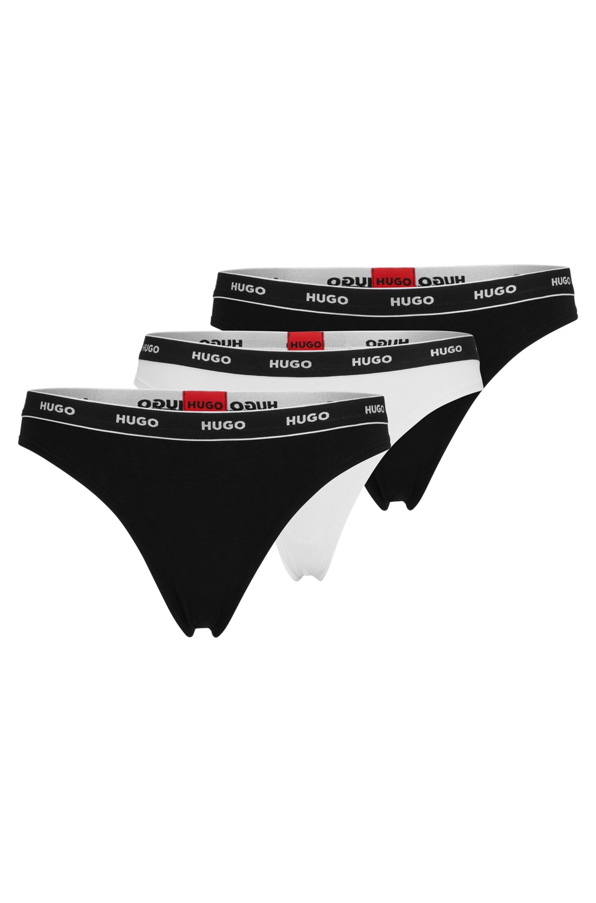 Three-pack of stretch-cotton thong briefs with logos, White / Black