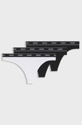 Three-pack of stretch-cotton thongs with logo waistbands, White / Black