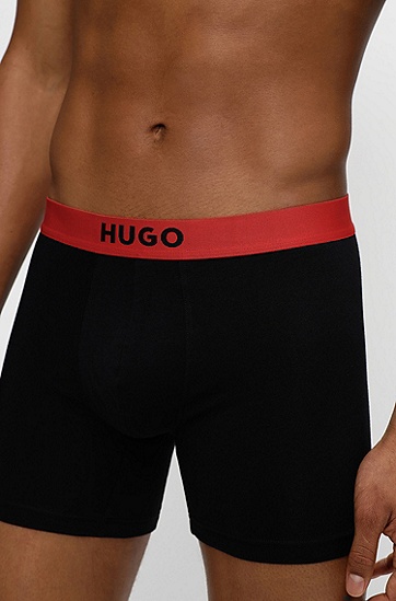 HUGO 雨果弹力棉徽标腰带平角内裤两件装,  003_Black