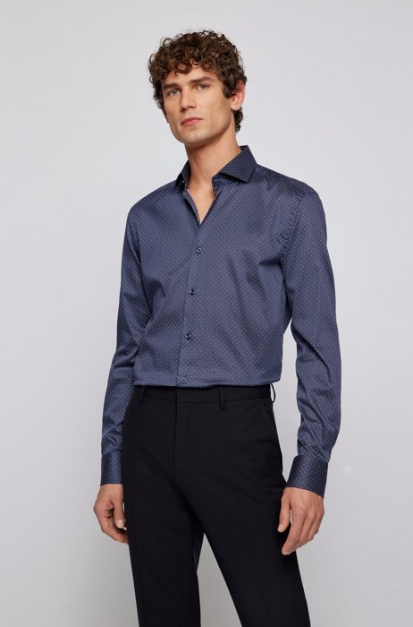 Camisa slim fit en satén de algodón elástico italiano con estampado, Azul oscuro