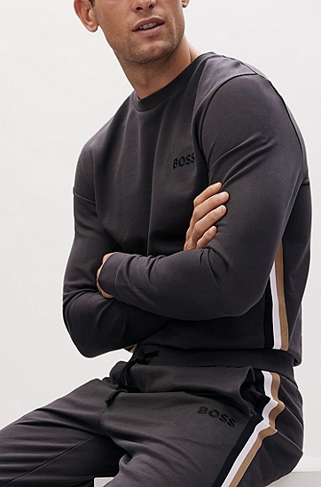 刺绣徽标图案常规版型棉质毛圈布运动衫,  022_Dark Grey