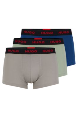 Hugo Three-pack Of Logo-waistband Trunks In Stretch Cotton In Grey