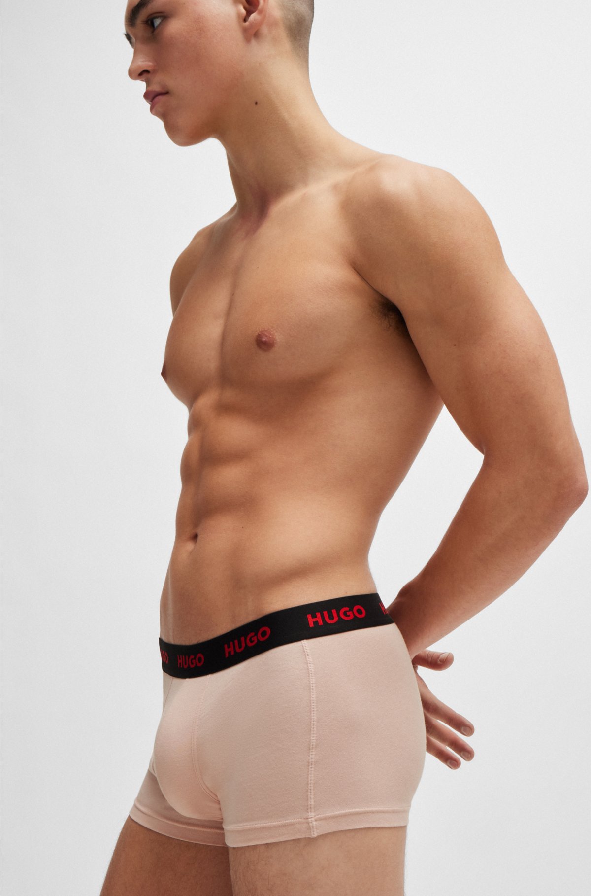 Three-pack of logo-waistband trunks in stretch cotton, Light Pink / Blue