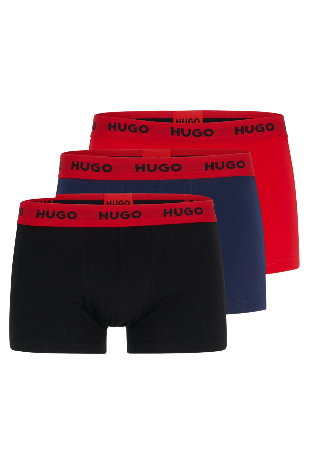 Lot de trois boxers courts en coton stretch avec taille logotée, Bleu foncé / Rouge