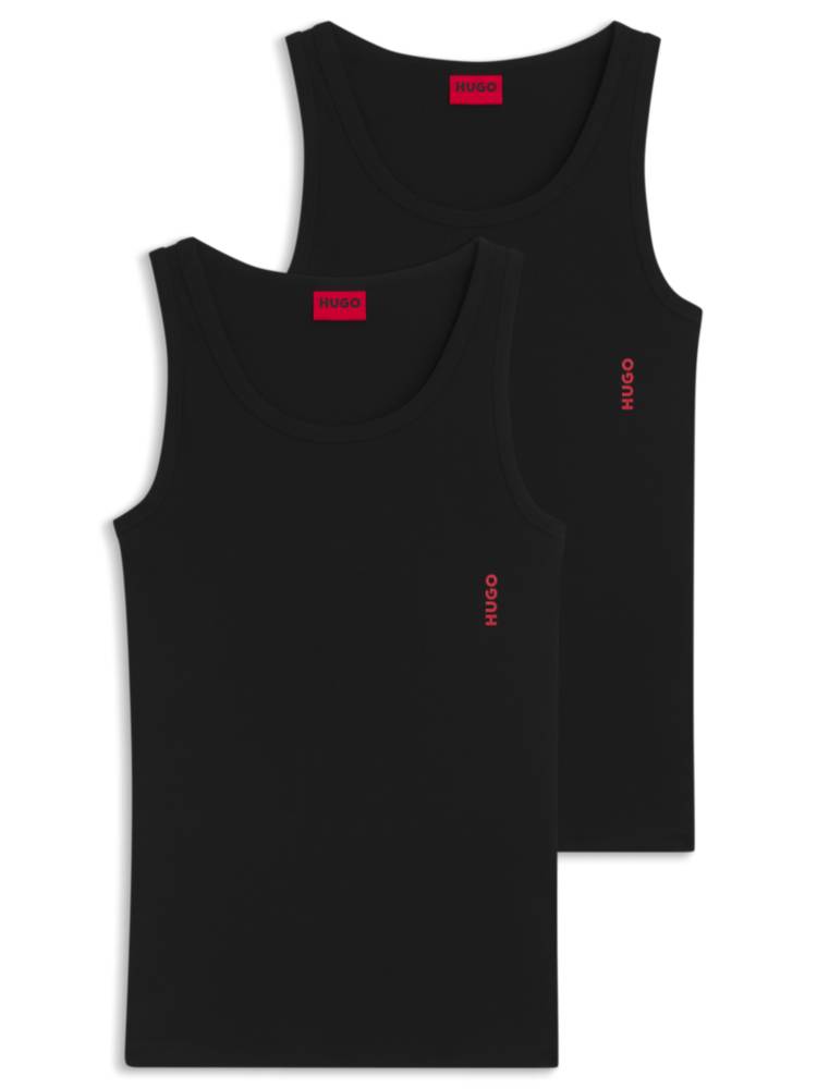 Artikel klicken und genauer betrachten! - Zweier-Pack HUGO Tanktops aus gerippter Stretch-Baumwolle mit schmaler Passform und vertikalem Logo-Print. | im Online Shop kaufen