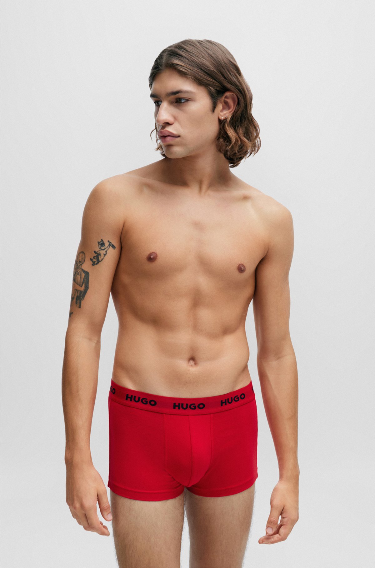 Three-pack of logo-waistband trunks in stretch cotton, Black / Red / White
