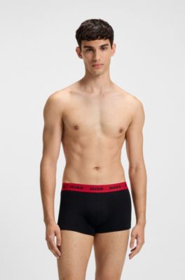 Three-pack of stretch-cotton trunks with logo waistbands, Black / Red / White