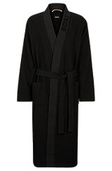 Waffle-piqué dressing gown with logo-embroidered collar, Black