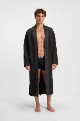 Waffle-structure dressing gown with embroidered logo, Black
