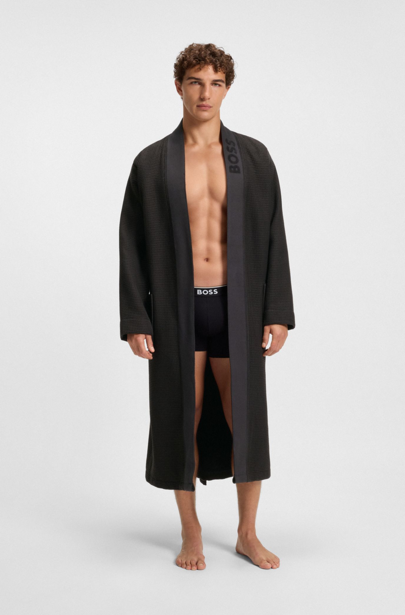 Waffle-structure dressing gown with embroidered logo, Black