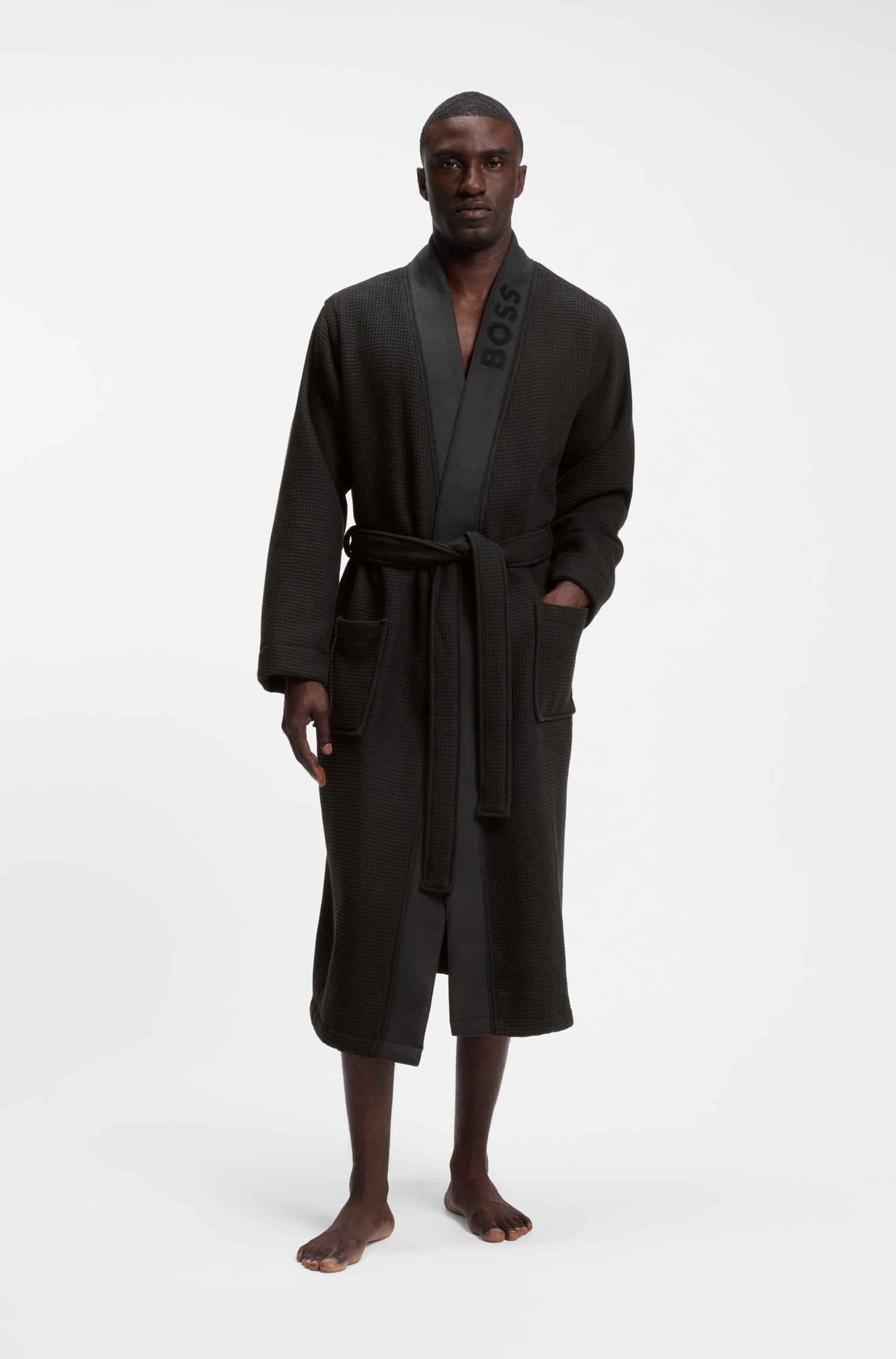 Boss Jacquard cotton-blend gown with logo lapel morgonrockar herr