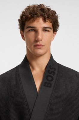 Waffle-structure dressing gown with embroidered logo, Black