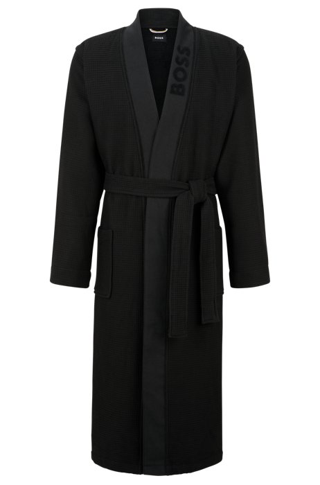 Waffle-structured dressing gown with embossed logo, Black