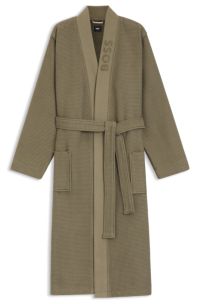 Waffle-structure dressing gown with embroidered logo, Light Brown