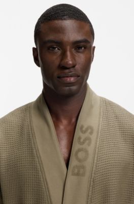 Waffle-structure dressing gown with embroidered logo, Light Brown