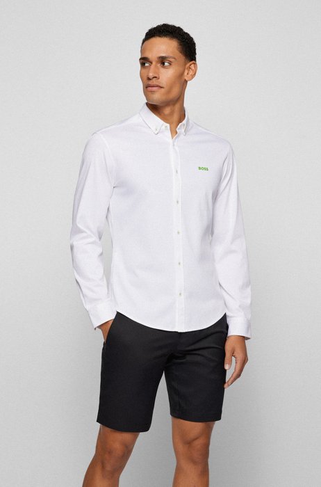 Regular-fit jersey shirt with button-down collar, White