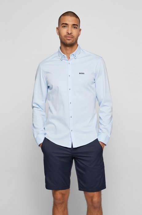 Regular-fit jersey shirt with button-down collar, Light Blue