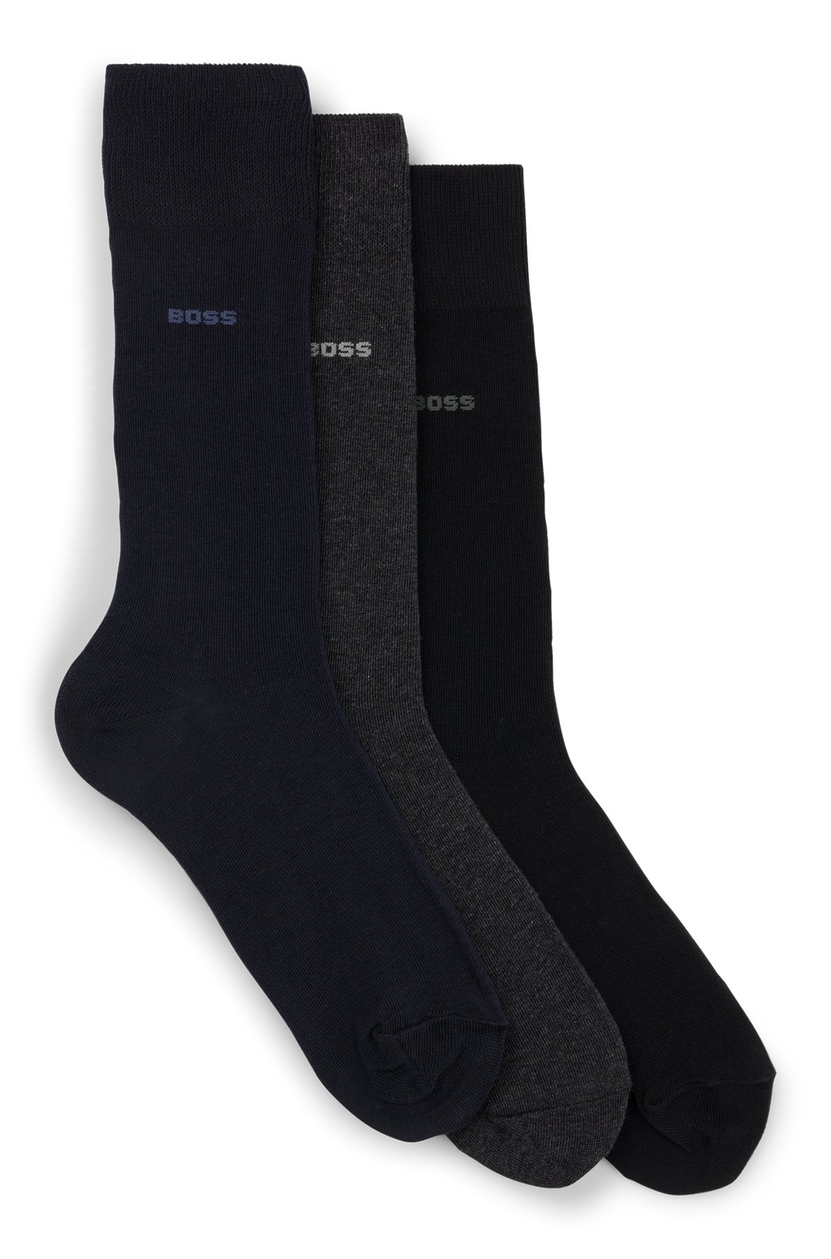 Conjunto de três pares de meias regulares em tecido elástico, Preto / Cinzento / Azul