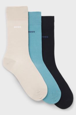 Set van drie paar sokken met normale lengte van stretchmateriaal, Blauw / Beige