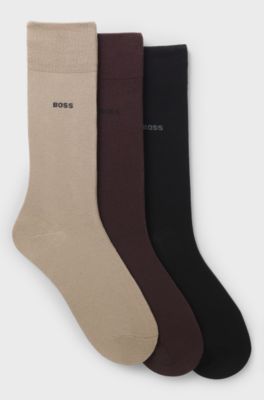 Three-pack of regular-length socks in stretch fabric, Beige / Brown / Black