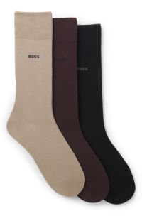 Three-pack of regular-length socks in stretch fabric, Beige / Brown / Black
