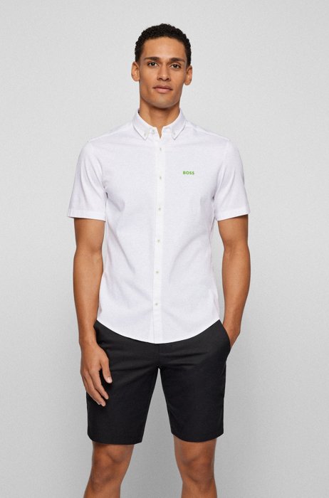 Chemise Regular Fit en jersey avec col à pointes boutonnées, Blanc