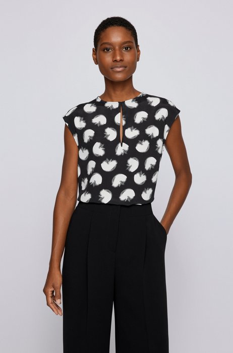 Graphic-print top with keyhole neckline, Black Patterned