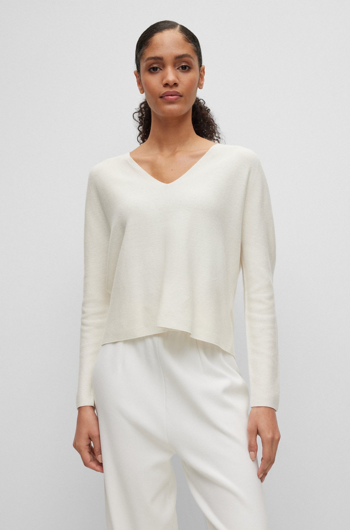 Nahtloser Pullover aus Baumwolle und Kaschmir mit V-Ausschnitt, Weiß