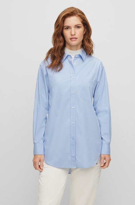 Relaxed-fit blouse in cotton poplin with embroidered logo, Light Blue